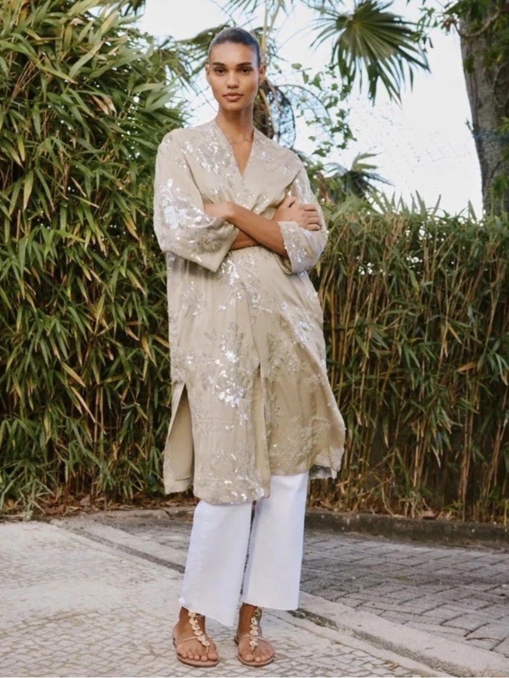 ZARA Sequin-Embellished Beige Kimono Coat | S